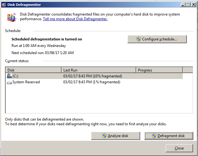 Disk defragmenter comes with windows 7 