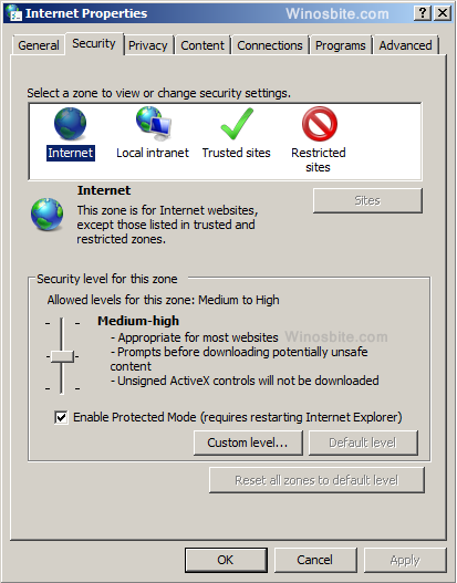 Internet option in windows 