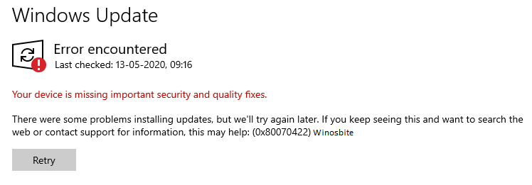 Windows 10 update error 0x80070422