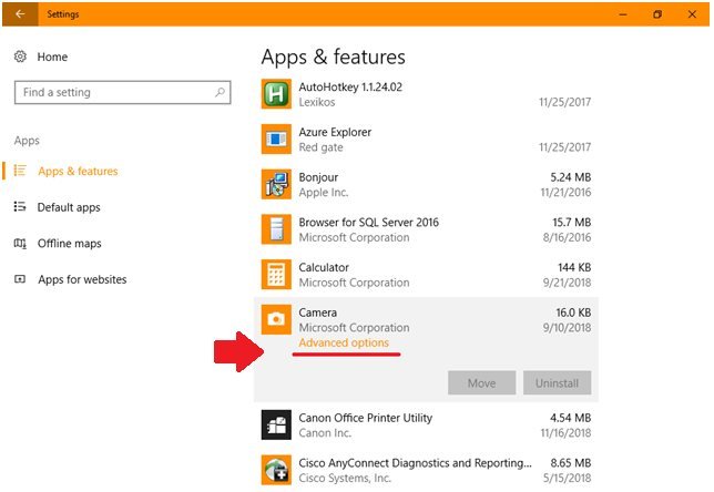 Windows 10 apps and features settings