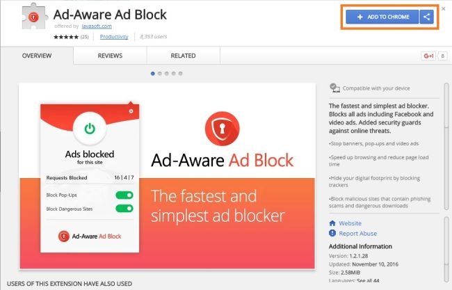 Adware adblock extension for browser