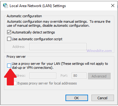 LAN Setings to uncheck Proxy Servver