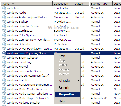 Windows Error Reporting Service settings