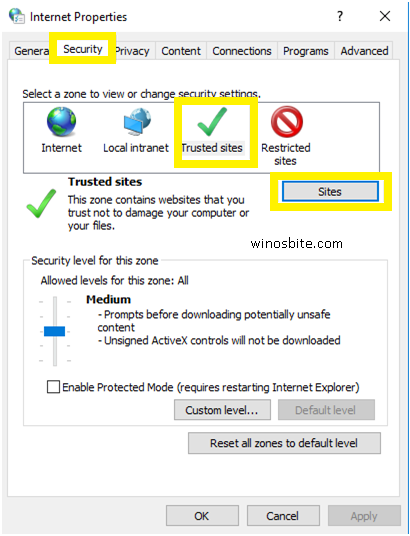 Windows10 Security Tab for Trusted Sites