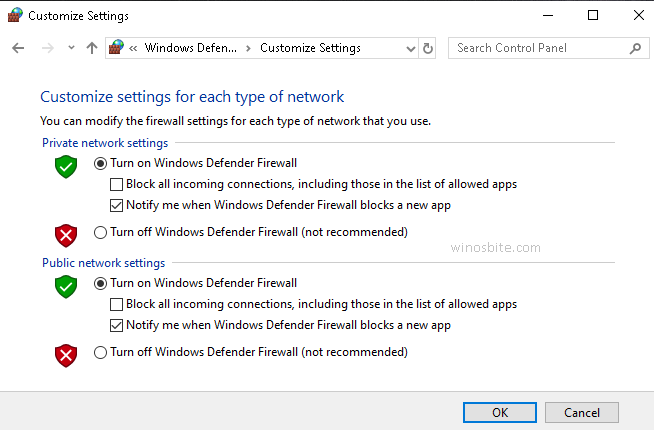 Off Windows Firewall settings