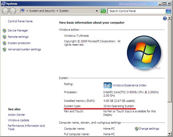Windows 7 System type showing 32 bit version