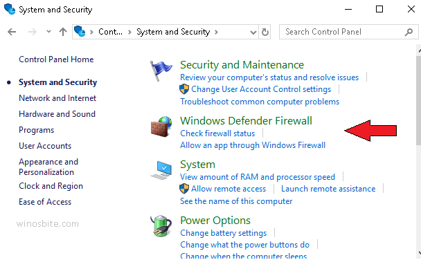 Windows Defender Firewall menu