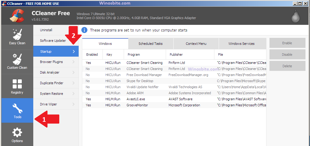 CCleaner tool to enable or disable startup program