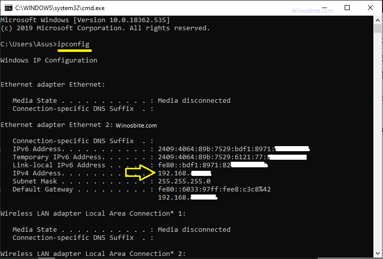 Check the IP Address using CMD ipconfig on Windows PC