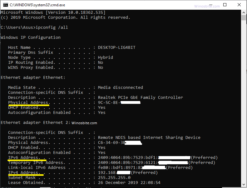 ipconfig all command line to check ip address on Windows 10 and earlier versions 