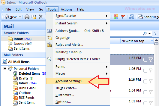 Outlook tools account settings