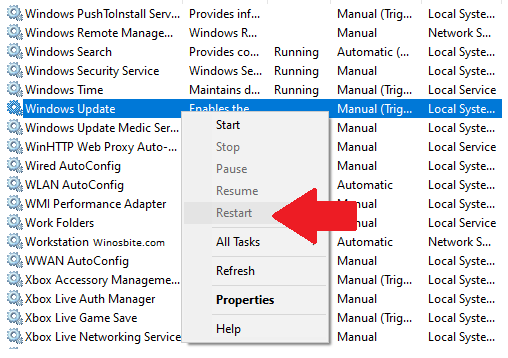 Restart Windows Update service