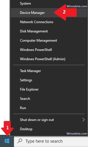 Start button right click device manager Windows 10