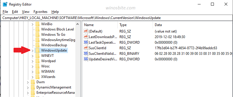 Windows Update option in Registry Editor