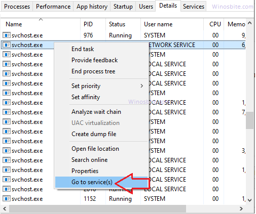 Go to services using right-click on svchost.exe