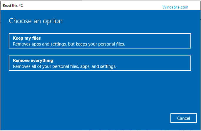 Reset this pc option in Windows 10