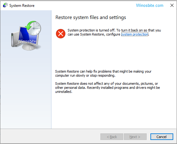 System restore in Windows 10