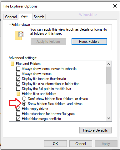 Show hidden files settings in Windows 10