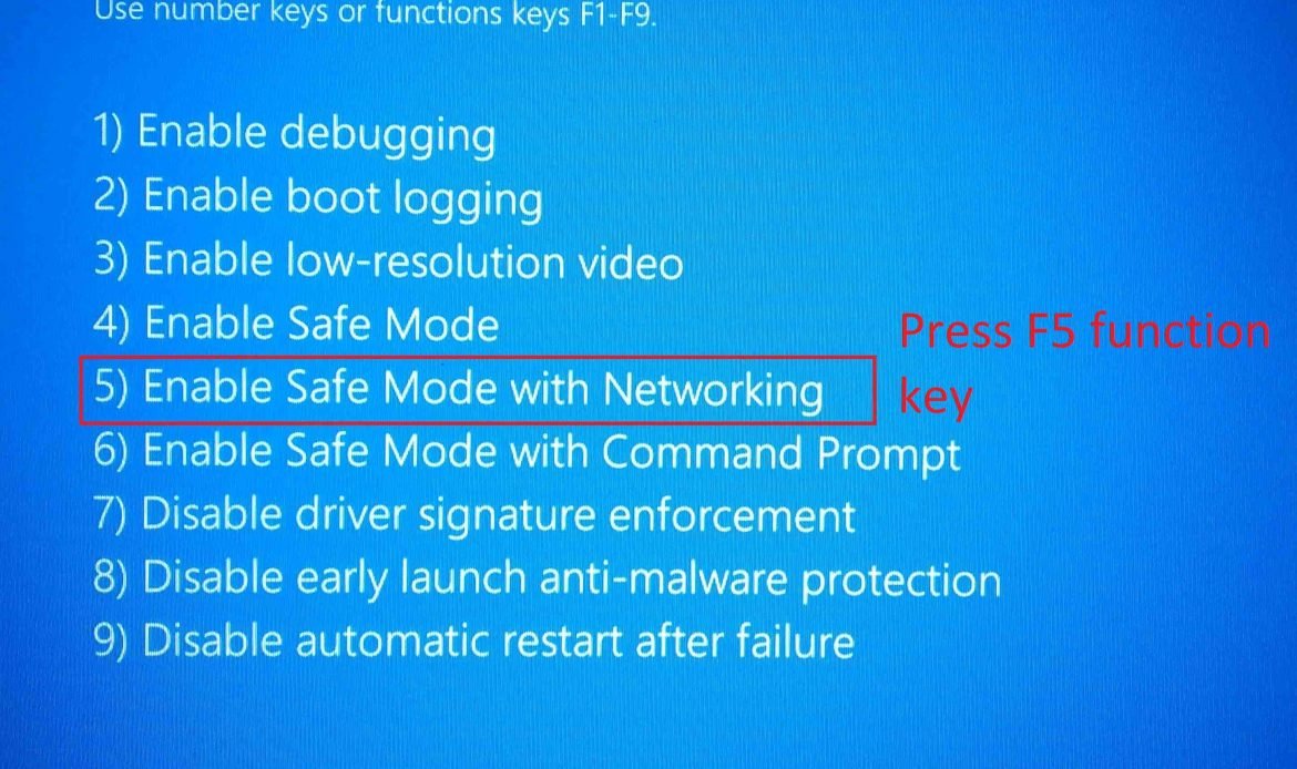 Press f5 to enter safe mode with networking