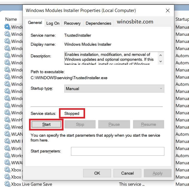Windows Modules Installer Properties