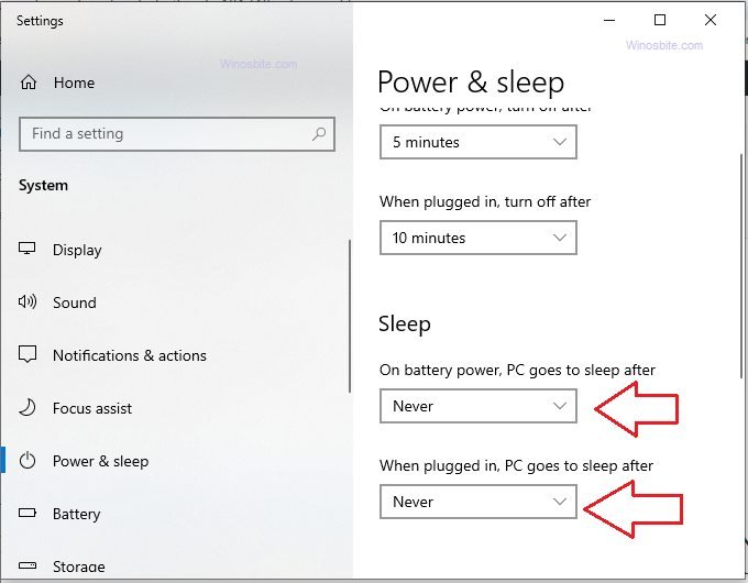 Power and sleep option in Windows 10