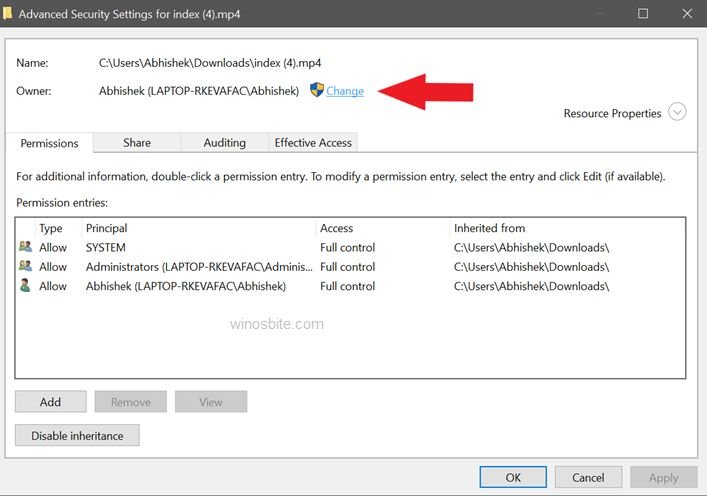 Advanced Security Settings Windows turns up