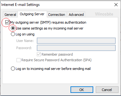 Outlook Outgoing Server settings 