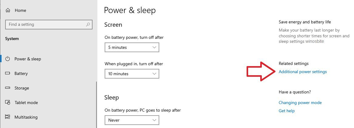 Additional power settings on Windows 10