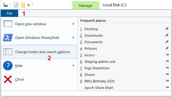 Chnage folders and search options in Windows 10