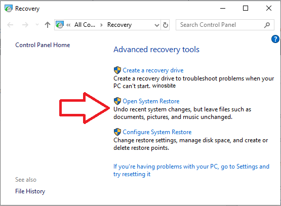 Open system restore option in Windows 10 