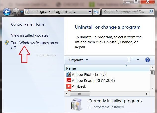 Program and features turn windows features on or off option 