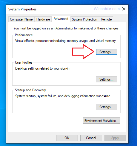 System properties > advanced tab in Windows 10