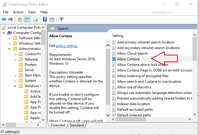 Local group policy editor - allow cortana