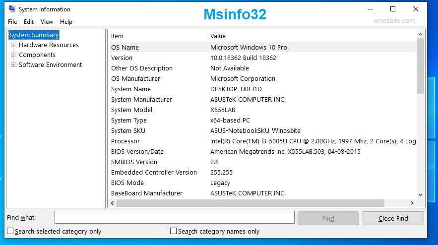 msinfo32 system information on Windows 10