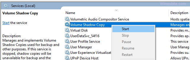 Restart volume shadow copy service in Windows 10