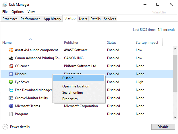 Disable application from Startup using task manager