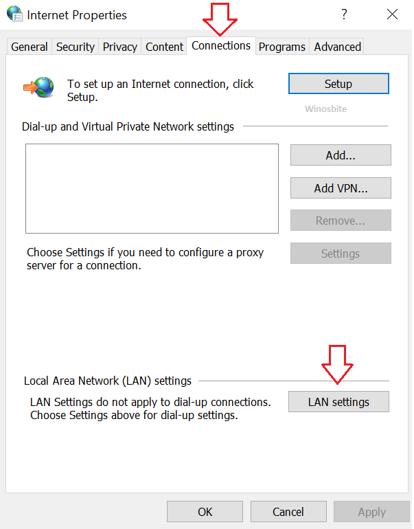 Internet properties connections tab