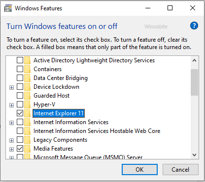 Turn windows features on or off internet explorer