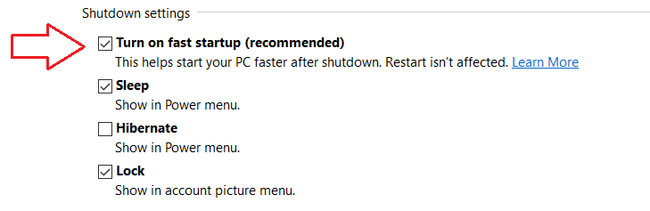 Turn on fast startup Windows 10