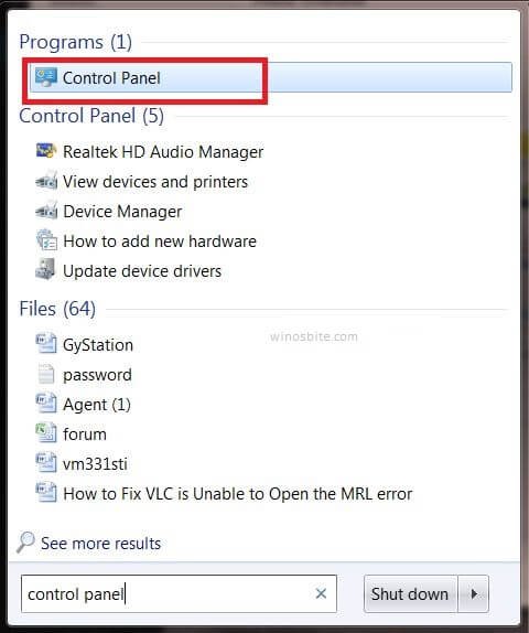 Control panel start menu