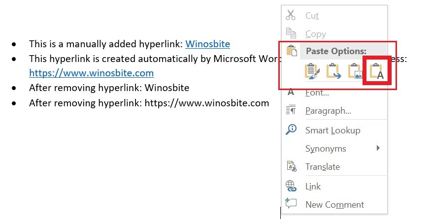 hotkey to remove hyperlink in word